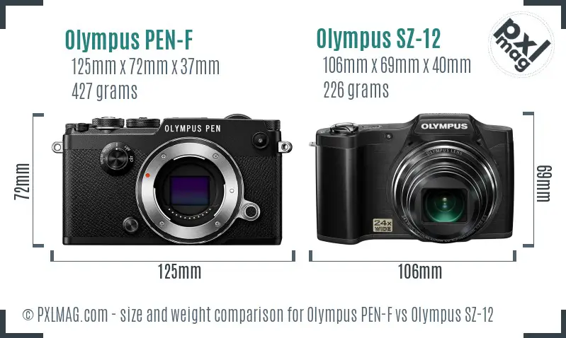 Olympus PEN-F vs Olympus SZ-12 size comparison