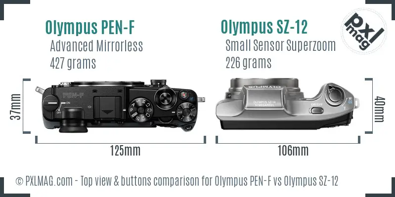 Olympus PEN-F vs Olympus SZ-12 top view buttons comparison