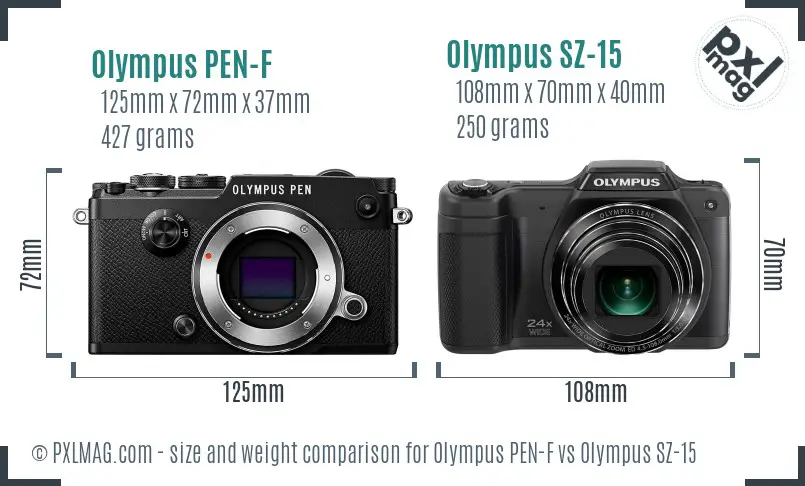 Olympus PEN-F vs Olympus SZ-15 size comparison