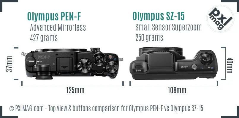 Olympus PEN-F vs Olympus SZ-15 top view buttons comparison