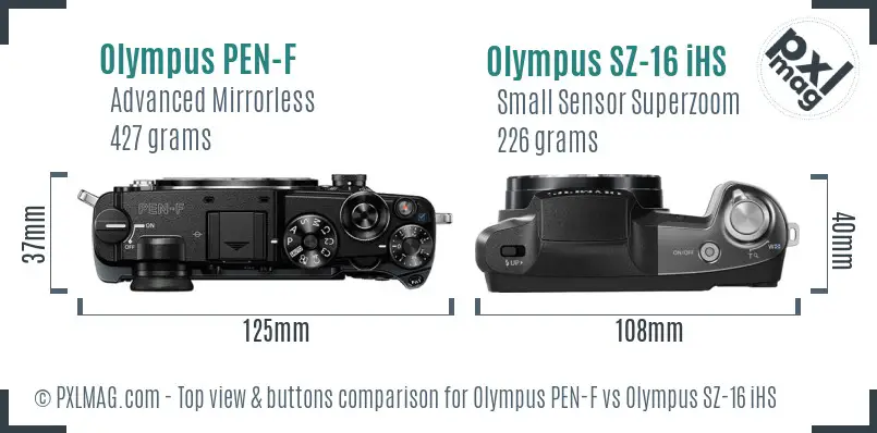 Olympus PEN-F vs Olympus SZ-16 iHS top view buttons comparison