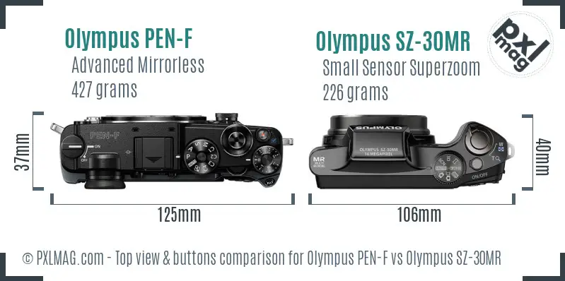 Olympus PEN-F vs Olympus SZ-30MR top view buttons comparison
