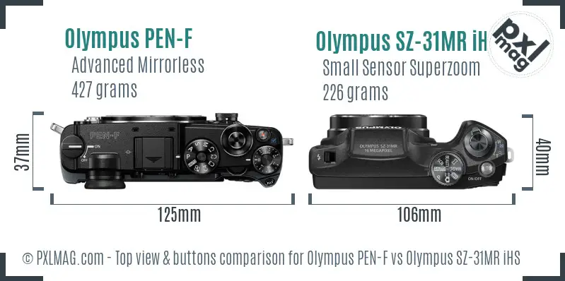 Olympus PEN-F vs Olympus SZ-31MR iHS top view buttons comparison
