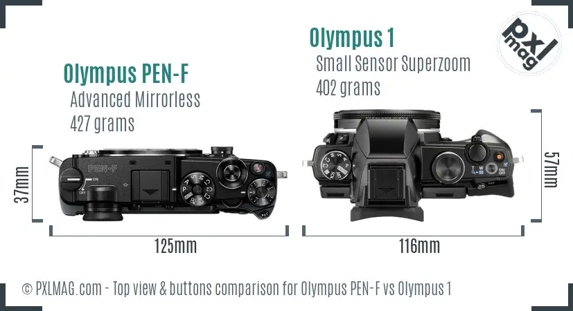 Olympus PEN-F vs Olympus 1 top view buttons comparison