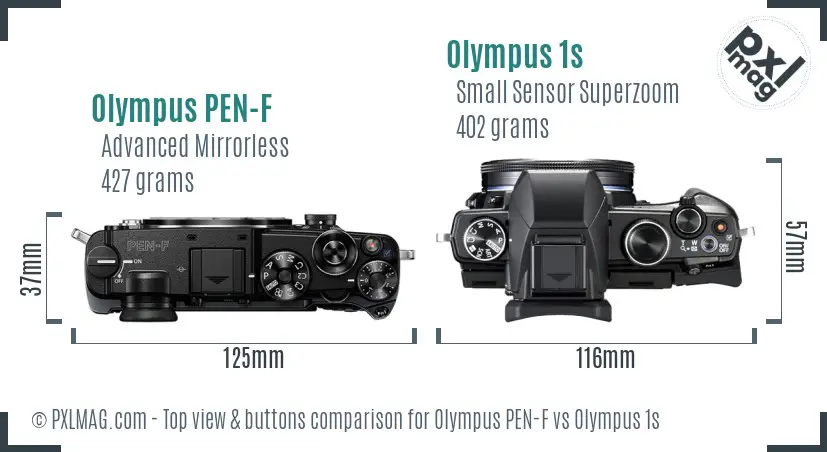 Olympus PEN-F vs Olympus 1s top view buttons comparison
