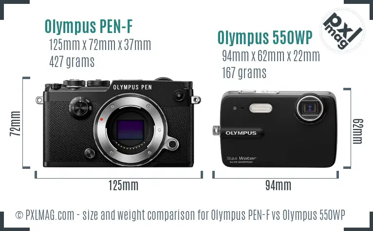 Olympus PEN-F vs Olympus 550WP size comparison