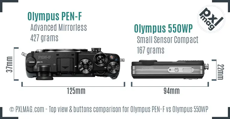 Olympus PEN-F vs Olympus 550WP top view buttons comparison