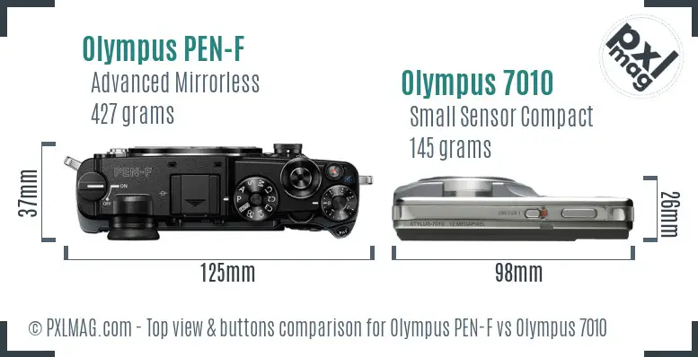 Olympus PEN-F vs Olympus 7010 top view buttons comparison