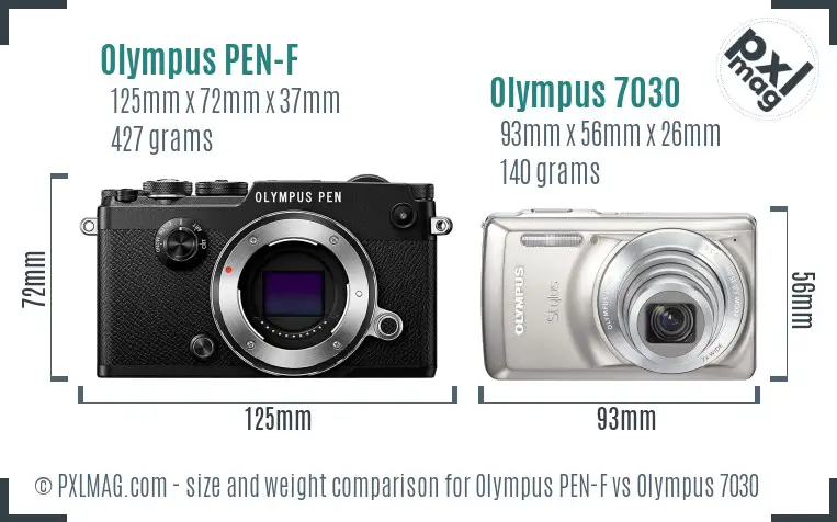Olympus PEN-F vs Olympus 7030 size comparison