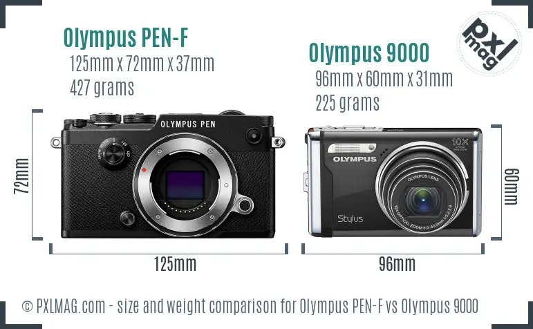 Olympus PEN-F vs Olympus 9000 size comparison