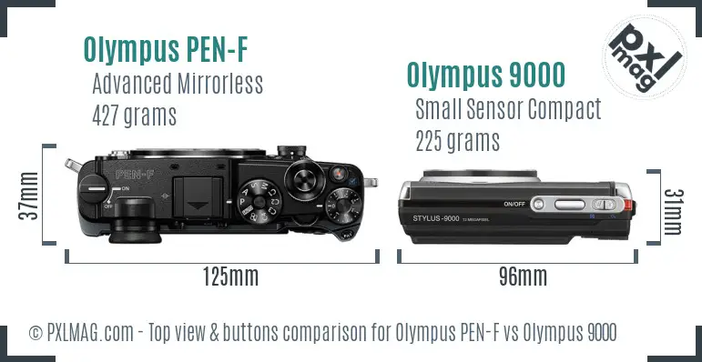 Olympus PEN-F vs Olympus 9000 top view buttons comparison