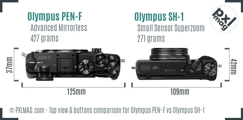Olympus PEN-F vs Olympus SH-1 top view buttons comparison
