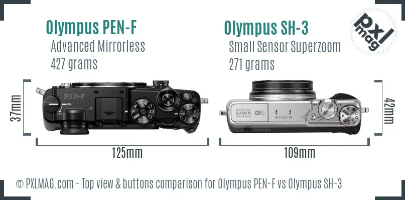 Olympus PEN-F vs Olympus SH-3 top view buttons comparison