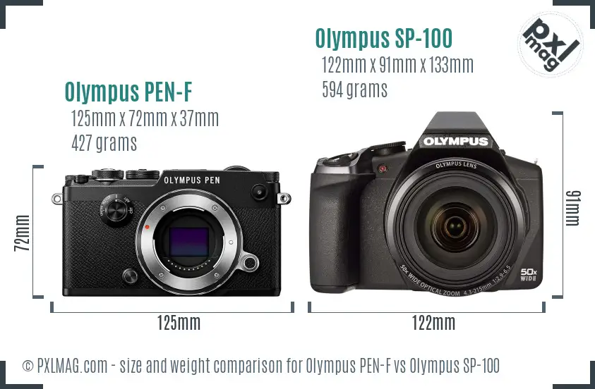 Olympus PEN-F vs Olympus SP-100 size comparison
