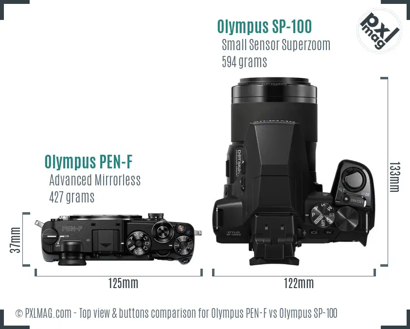 Olympus PEN-F vs Olympus SP-100 top view buttons comparison