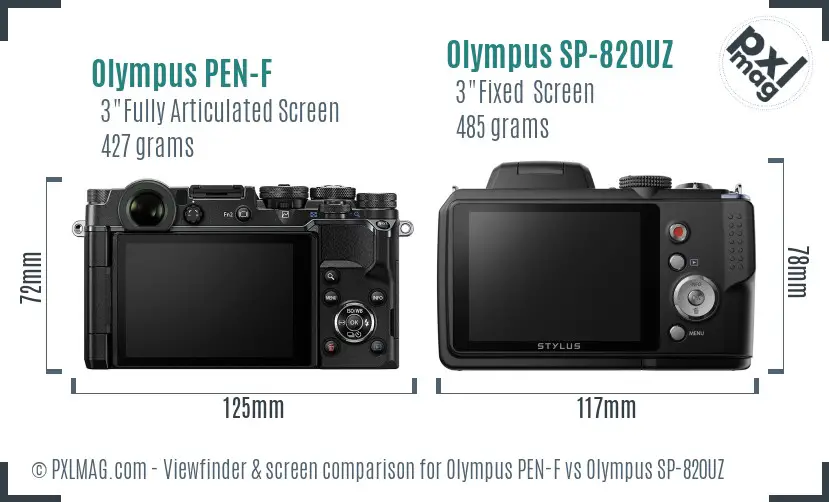 Olympus PEN-F vs Olympus SP-820UZ Screen and Viewfinder comparison