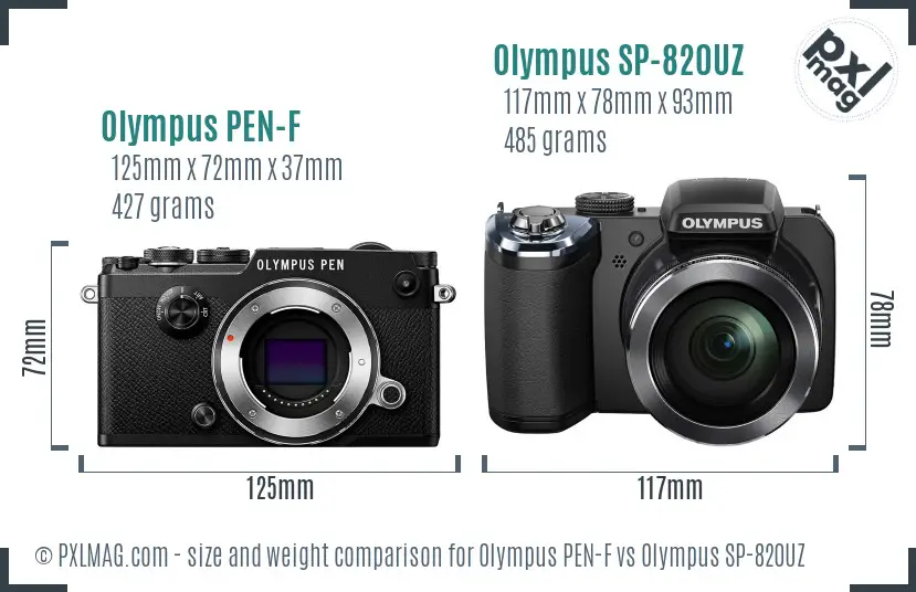 Olympus PEN-F vs Olympus SP-820UZ size comparison