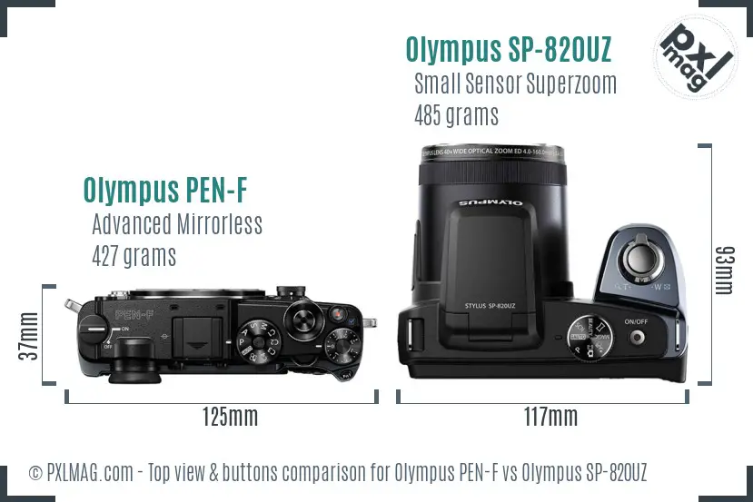 Olympus PEN-F vs Olympus SP-820UZ top view buttons comparison