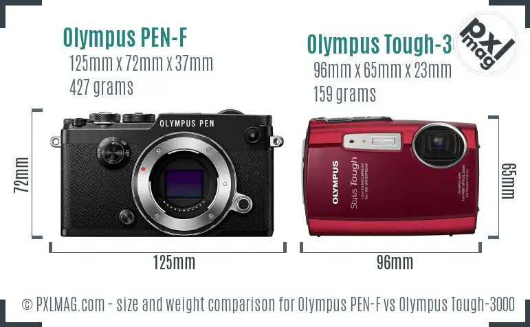 Olympus PEN-F vs Olympus Tough-3000 size comparison
