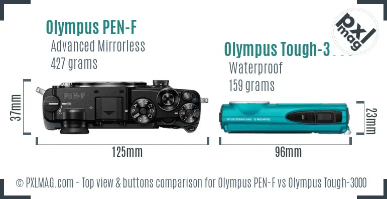 Olympus PEN-F vs Olympus Tough-3000 top view buttons comparison