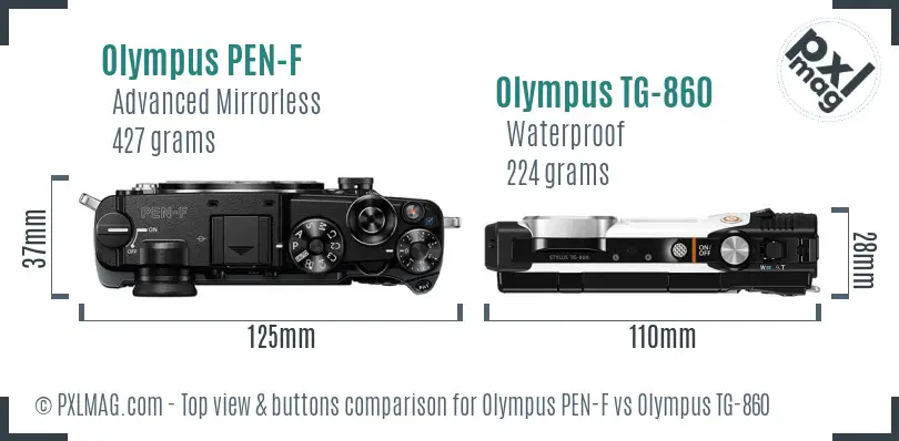 Olympus PEN-F vs Olympus TG-860 top view buttons comparison