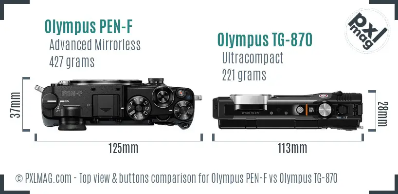 Olympus PEN-F vs Olympus TG-870 top view buttons comparison