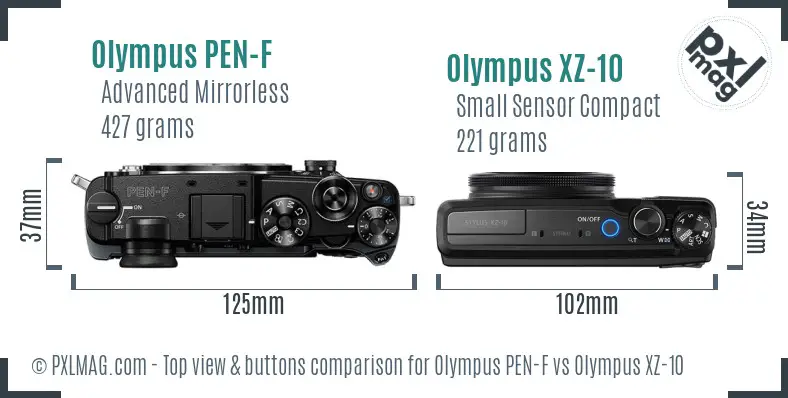Olympus PEN-F vs Olympus XZ-10 top view buttons comparison