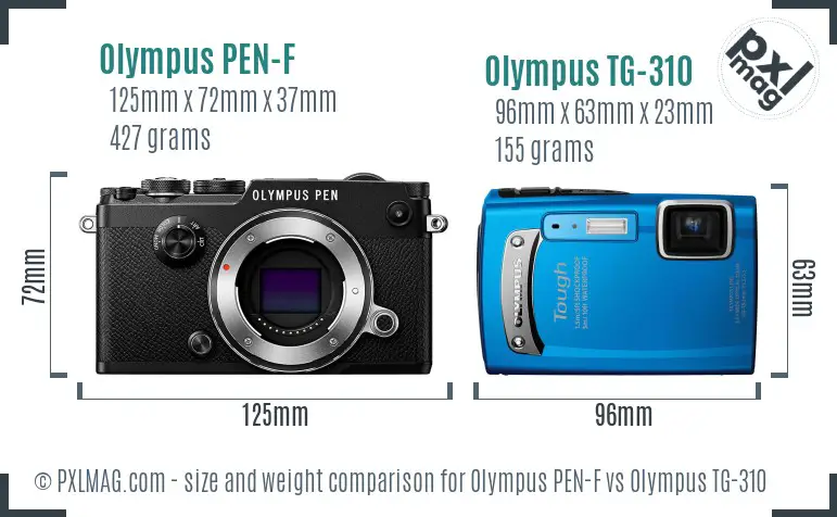 Olympus PEN-F vs Olympus TG-310 size comparison