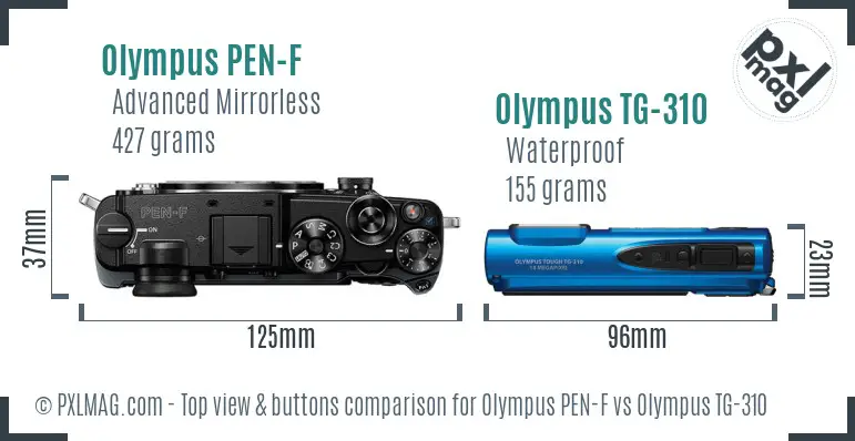 Olympus PEN-F vs Olympus TG-310 top view buttons comparison