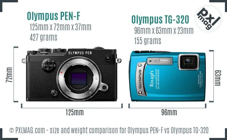 Olympus PEN-F vs Olympus TG-320 size comparison