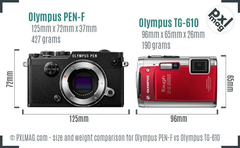Olympus PEN-F vs Olympus TG-610 size comparison