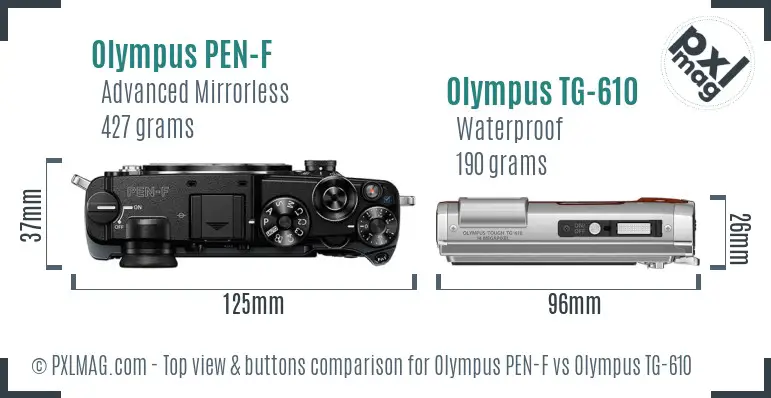 Olympus PEN-F vs Olympus TG-610 top view buttons comparison