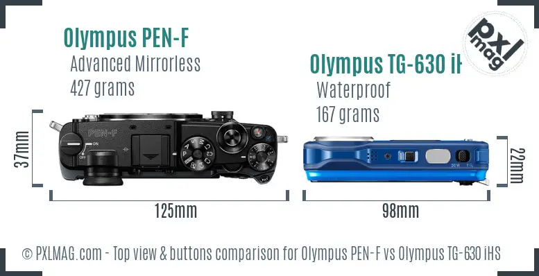 Olympus PEN-F vs Olympus TG-630 iHS top view buttons comparison