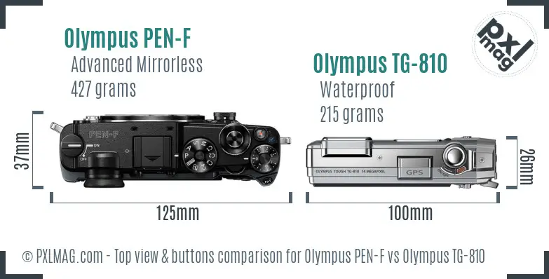 Olympus PEN-F vs Olympus TG-810 top view buttons comparison