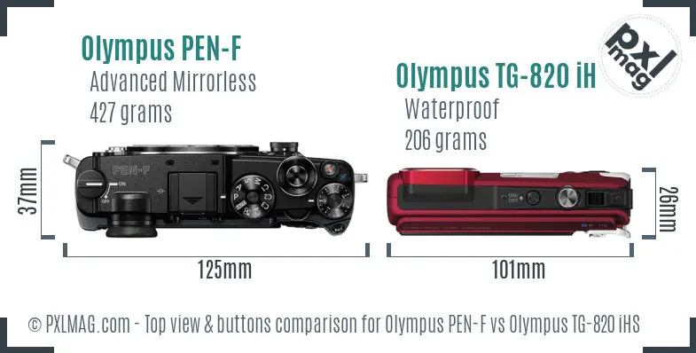 Olympus PEN-F vs Olympus TG-820 iHS top view buttons comparison