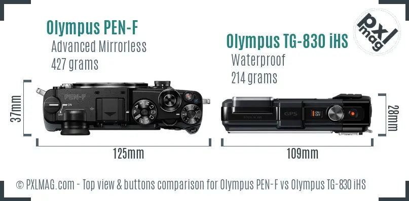 Olympus PEN-F vs Olympus TG-830 iHS top view buttons comparison