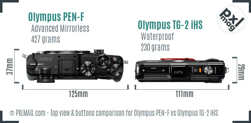 Olympus PEN-F vs Olympus TG-2 iHS top view buttons comparison