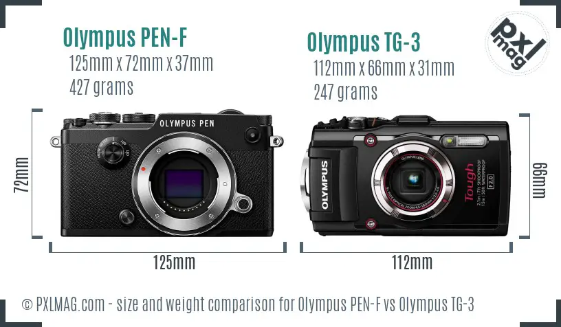 Olympus PEN-F vs Olympus TG-3 size comparison