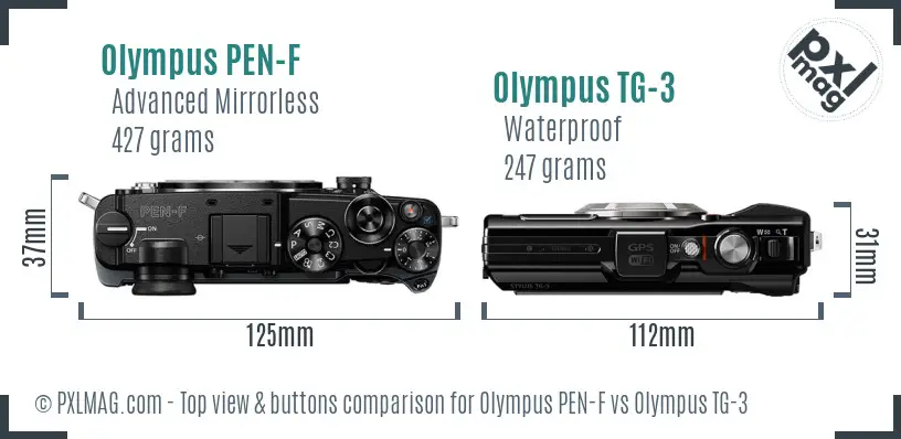 Olympus PEN-F vs Olympus TG-3 top view buttons comparison