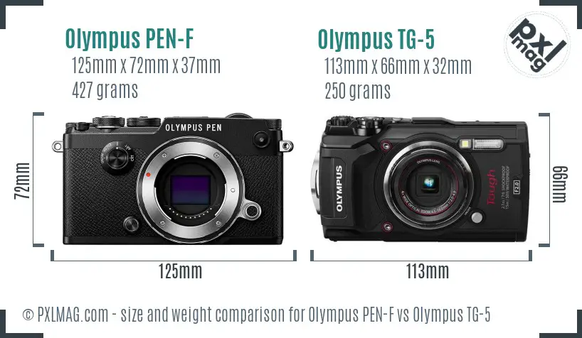 Olympus PEN-F vs Olympus TG-5 size comparison