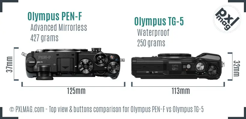 Olympus PEN-F vs Olympus TG-5 top view buttons comparison
