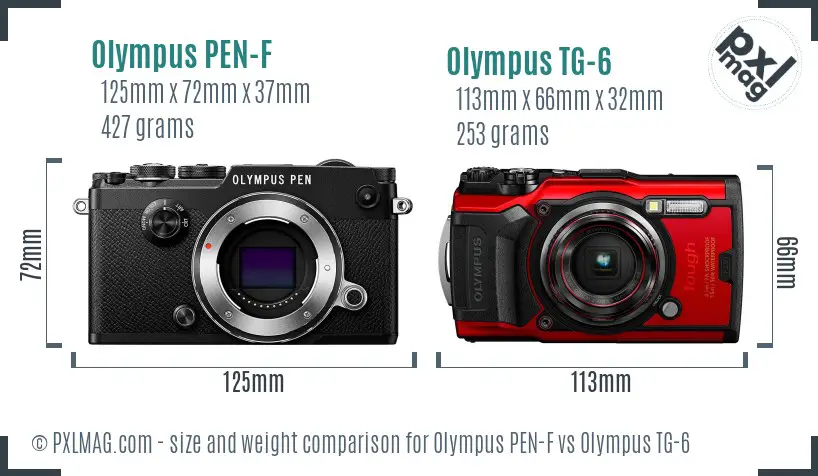 Olympus PEN-F vs Olympus TG-6 size comparison