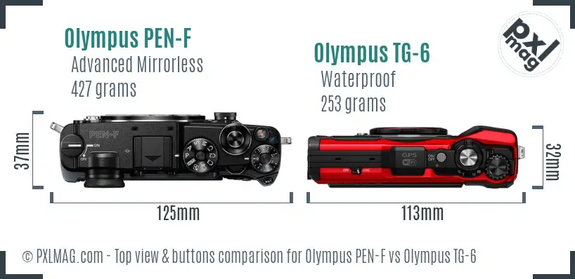 Olympus PEN-F vs Olympus TG-6 top view buttons comparison