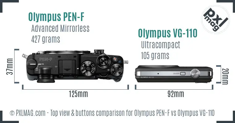 Olympus PEN-F vs Olympus VG-110 top view buttons comparison