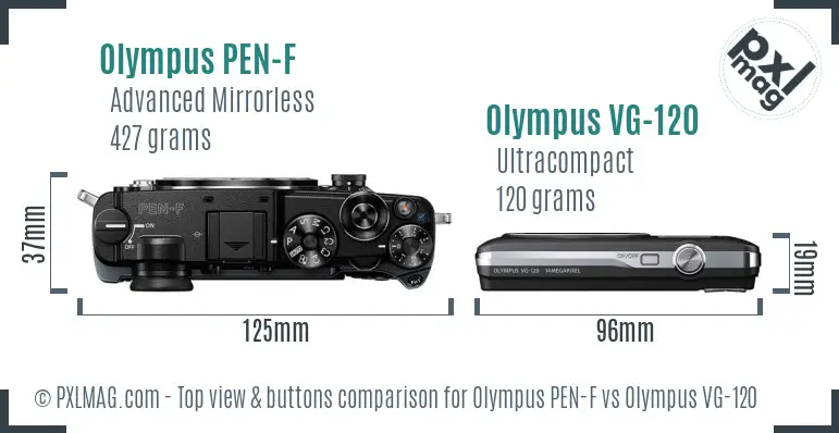 Olympus PEN-F vs Olympus VG-120 top view buttons comparison