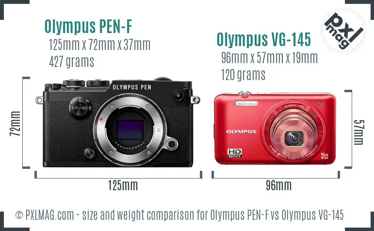 Olympus PEN-F vs Olympus VG-145 size comparison