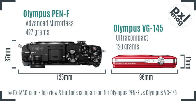 Olympus PEN-F vs Olympus VG-145 top view buttons comparison