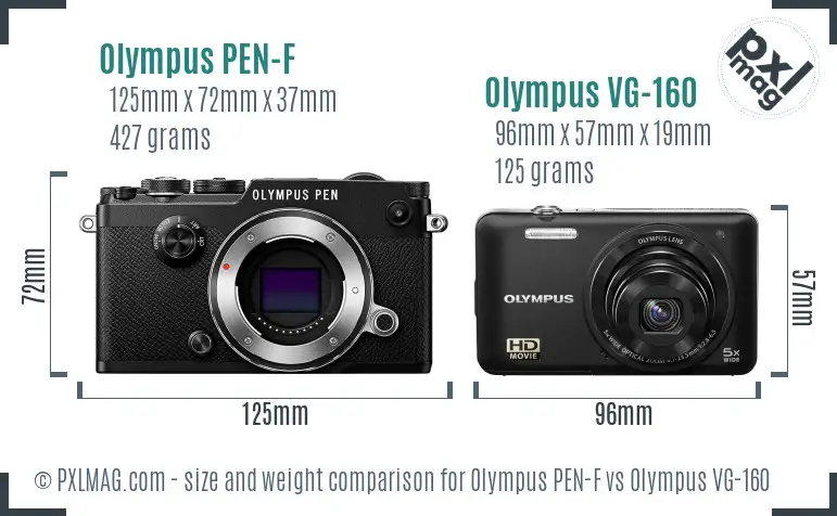 Olympus PEN-F vs Olympus VG-160 size comparison