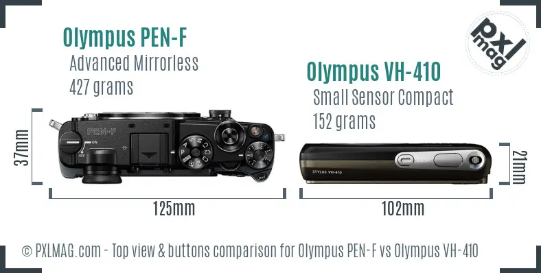 Olympus PEN-F vs Olympus VH-410 top view buttons comparison