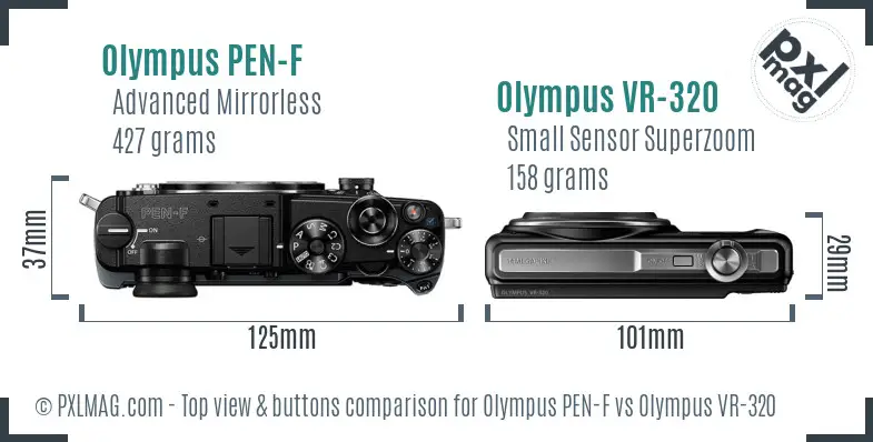 Olympus PEN-F vs Olympus VR-320 top view buttons comparison